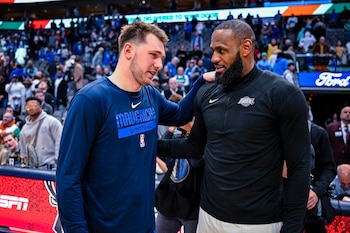 Luka Doncic y LeBron James, la nueva dupla de los Lakers en la NBA (Jerome Miron-USA TODAY Sports)