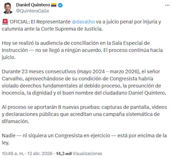 Daniel Quintero afirmó que Daniel Carvalho enfrentará proceso penal por señalamientos en su contra - crédito @QuinteroCalle/X