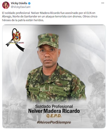 Vicky Dávila condena asesinato de soldado en Ábrego y llama “héroes” a los militares afectados - crédito @VickyDavilaH/X