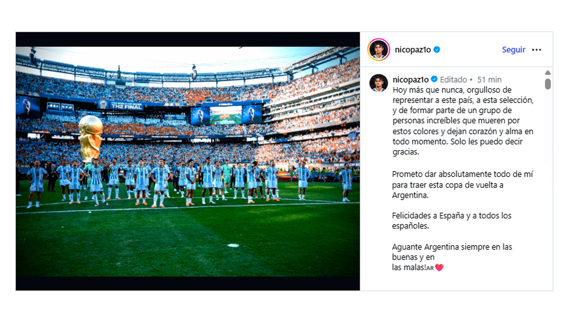 El posteo de Nico Paz luego de la derrota de Argentina en la final del Mundial