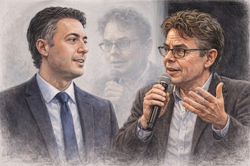 Ilustración estilo dibujo de Daniel Quintero a la izquierda y Alejandro Gaviria a la derecha con un micrófono en la mano, con una imagen difusa de Gaviria detrás.