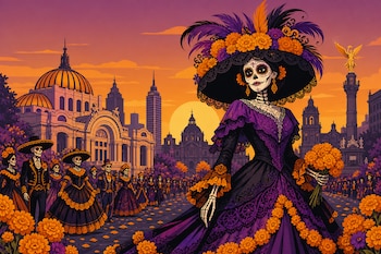 Ilustración de una figura de Catrina con vestido morado y sombrero de cempasúchil ante un desfile y monumentos de la Ciudad de México.