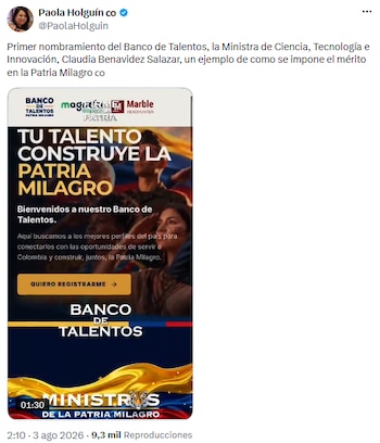 Paola Holguín destacó el mérito en el primer nombramiento del Banco de Talentos y respaldó a Claudia Benavides - crédito @PaolaHolguin/X