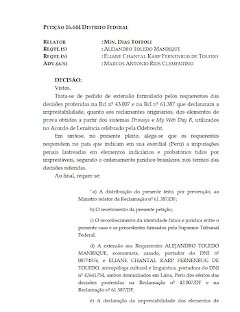 Documento judicial en portugués de la Petición 16.644 del Distrito Federal de Brasil con el juez Dias Toffoli como relator