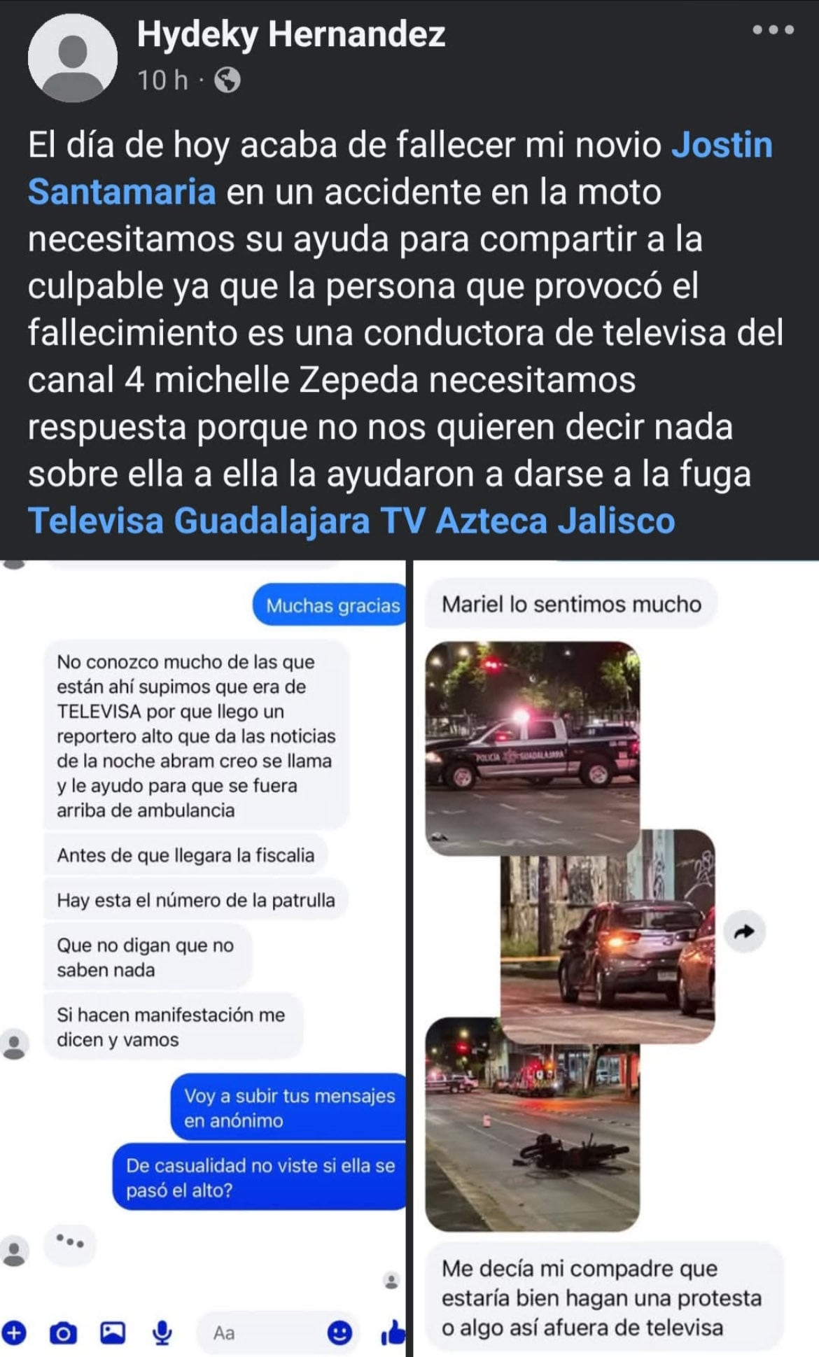 Una publicación de red social expone mensajes y fotografías sobre un accidente de tránsito en Guadalajara donde acusan a la presentadora Michelle Zepeda. (Facebook)