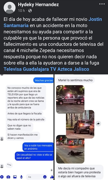 Captura de pantalla de una publicación de Facebook y un chat con fotos de una patrulla y una motocicleta tirada en la calle