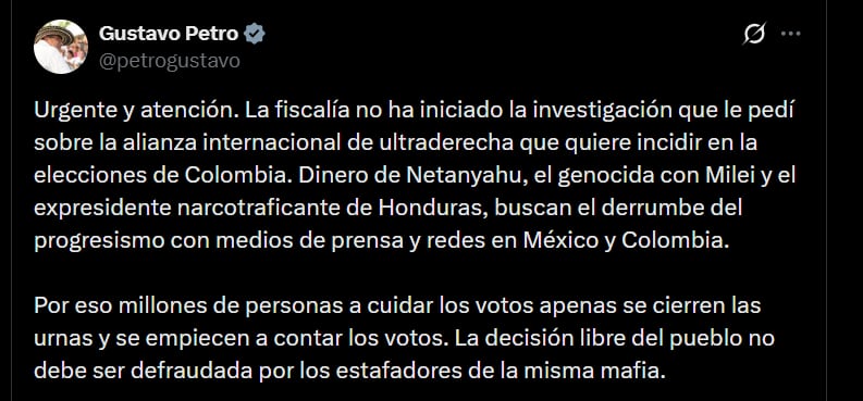 Gustavo Petro pidió a los colombianos cuidar y vigilar el voto apenas se cierren las urnas y comience el respectivo conteo - crédito @petrogustavo/X