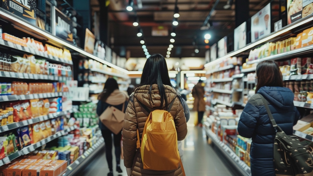 Productos alimenticios en góndola con etiquetas de precio