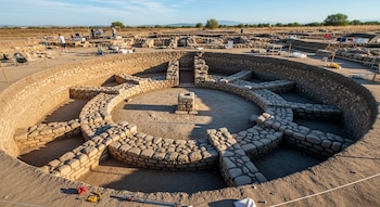 Vista aérea de un sitio arqueológico con una estructura de piedra circular excavada en el suelo, rodeada por tierra y varios trabajadores.