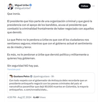 El senador Miguel Uribe criticó