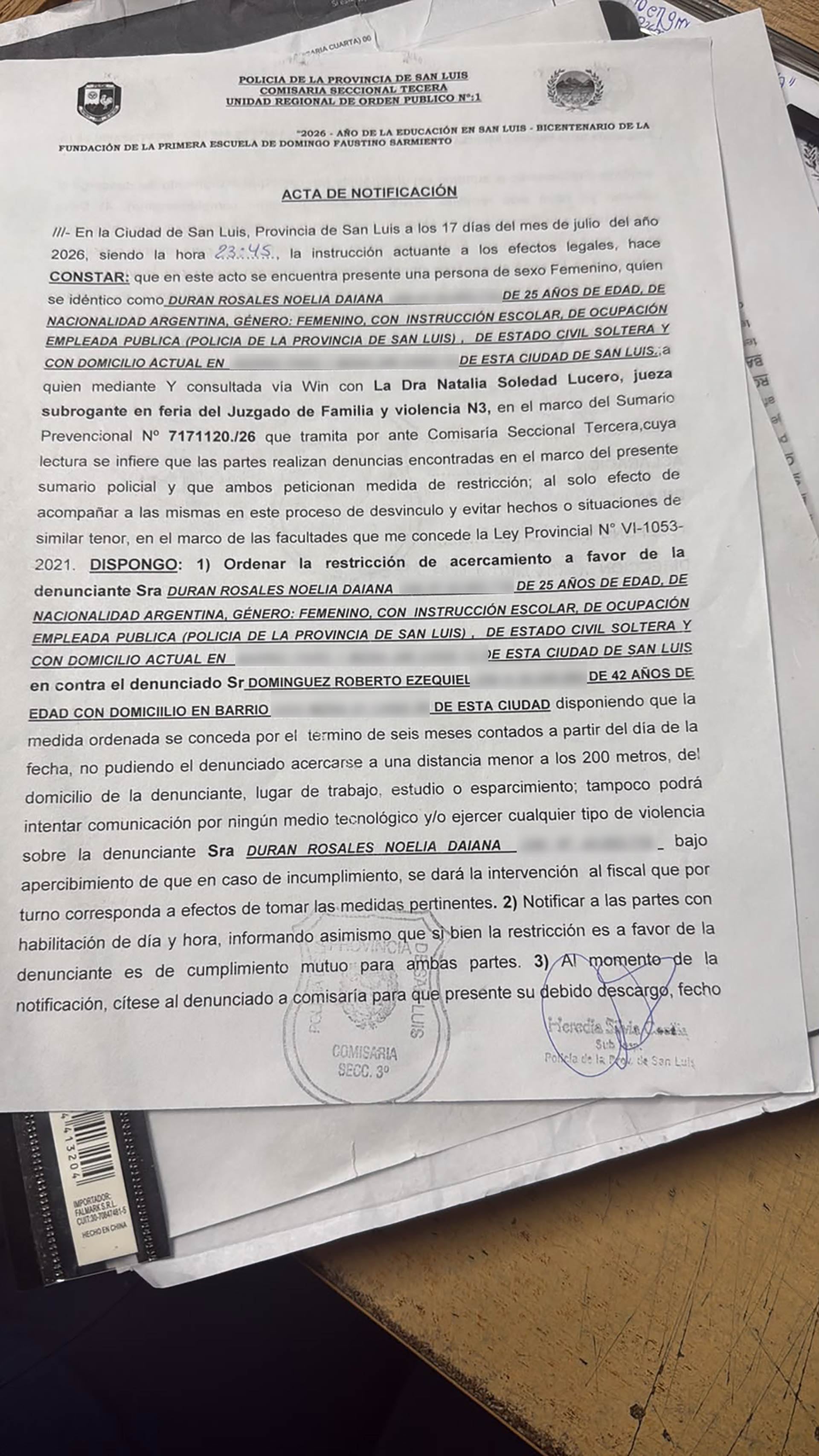 Noelia denunció a su ex en la Comisaría Tercera de San Luis y luego en la Fiscalía de Instrucción Penal N°1