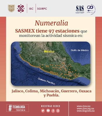 Mapa de cobertura del Sistema de Alerta Sísmica Mexicano, que no incluye sensores en Chiapas, tras el sismo de magnitud 7.4 del 17 de julio. Crédito: SASSLA