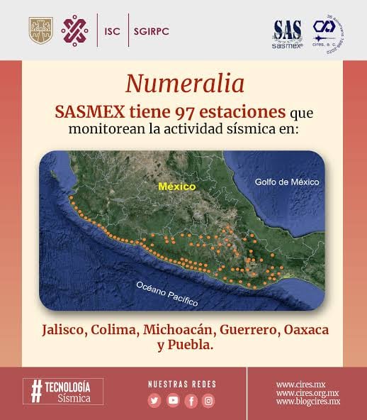 Mapa de cobertura del Sistema de Alerta Sísmica Mexicano, que no incluye sensores en Chiapas, tras el sismo de magnitud 7.4 del 17 de julio. Crédito: SASSLA