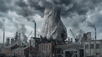 Un puño gigante de piedra con símbolos grabados aplasta un complejo de fábricas con chimeneas humeantes.