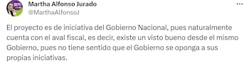 La representante Martha Alfonso sostiene que el aval fiscal es una consecuencia obvia al ser la reforma a la salud una iniciativa del Gobierno nacional - crédito X