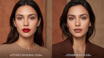 Dos retratos de una mujer con maquillaje, uno con labios rojos y suéter beige, y otro con labios tono nude y saco marrón.