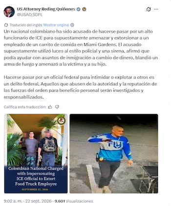 Jonathan Christian González Reyes, de 45 años, habría usado luces policiales y una sirena, asegurando que podía resolver asuntos migratorios a cambio de dinero y mostrando un arma de fuego - crédito @USAO_SDFL/X