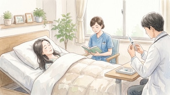 Ilustración de acuarela de una mujer en una cama de hospital, una enfermera leyéndole un libro y un médico preparando una jeringa en una habitación luminosa.