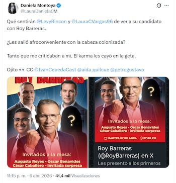 Mensajes en redes sociales interpretaron la presencia de Benavides en el evento como un supuesto apoyo a Roy Barreras, provocando críticas de activistas afrocolombianos - crédito Daniela Montoya/X