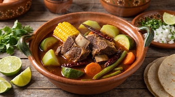 Cazuela de barro con caldo, carne de res, mazorca de maíz, calabacita y chiles secos junto a tortillas y limones en una mesa de madera.
