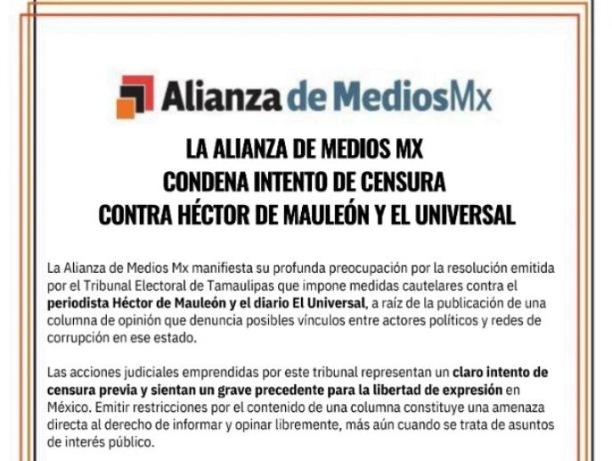 Fragmento del comunicado emitido por la Alianza de Medios MX. (X: @AlianzaMediosMx)