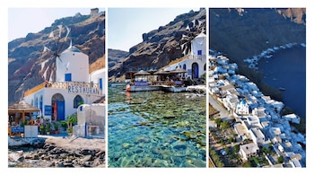 Tres imágenes de edificios blancos con detalles azules y molinos junto al mar, incluyendo una costa rocosa, agua cristalina y un pueblo costero.