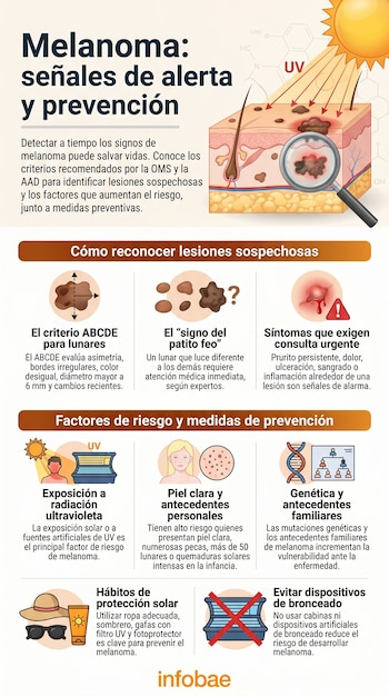Infografía sobre melanoma con ilustraciones de la piel, exposición UV, lunares sospechosos, síntomas, factores de riesgo y métodos de protección solar.