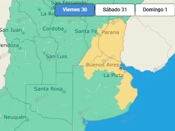 Mapa del centro de Argentina dividido en sectores de color verde y amarillo, con nombres de ciudades y pestañas de fechas en el borde superior