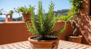 Una planta de romero verde en una maceta de terracota está sobre una mesa de azulejos marrones y blancos, con un muro y otras macetas de fondo.