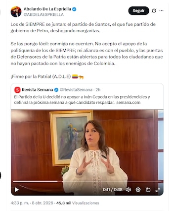 El candidato presidencial Abelardo de la Espriella rechazó posible apoyo del Partido de la U - crédito @ABDELAESPRIELLA/X