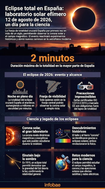 Infografía con eclipse solar total sobre paisaje nocturno, mapa de España, gafas 3D, iconos de Sol, átomo, satélite y texto informativo sobre el eclipse de 2026.
