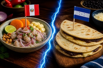 Un cuenco con ceviche y bandera de Perú junto a baleadas con bandera de Honduras divididos por un rayo de luz azul.