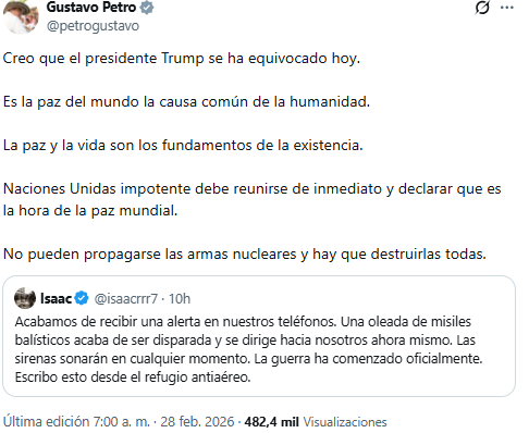 Gustavo Petro señaló que la decisión de Donald Trump de atacar Irán fue equivocada - crédito @petogustavo/X