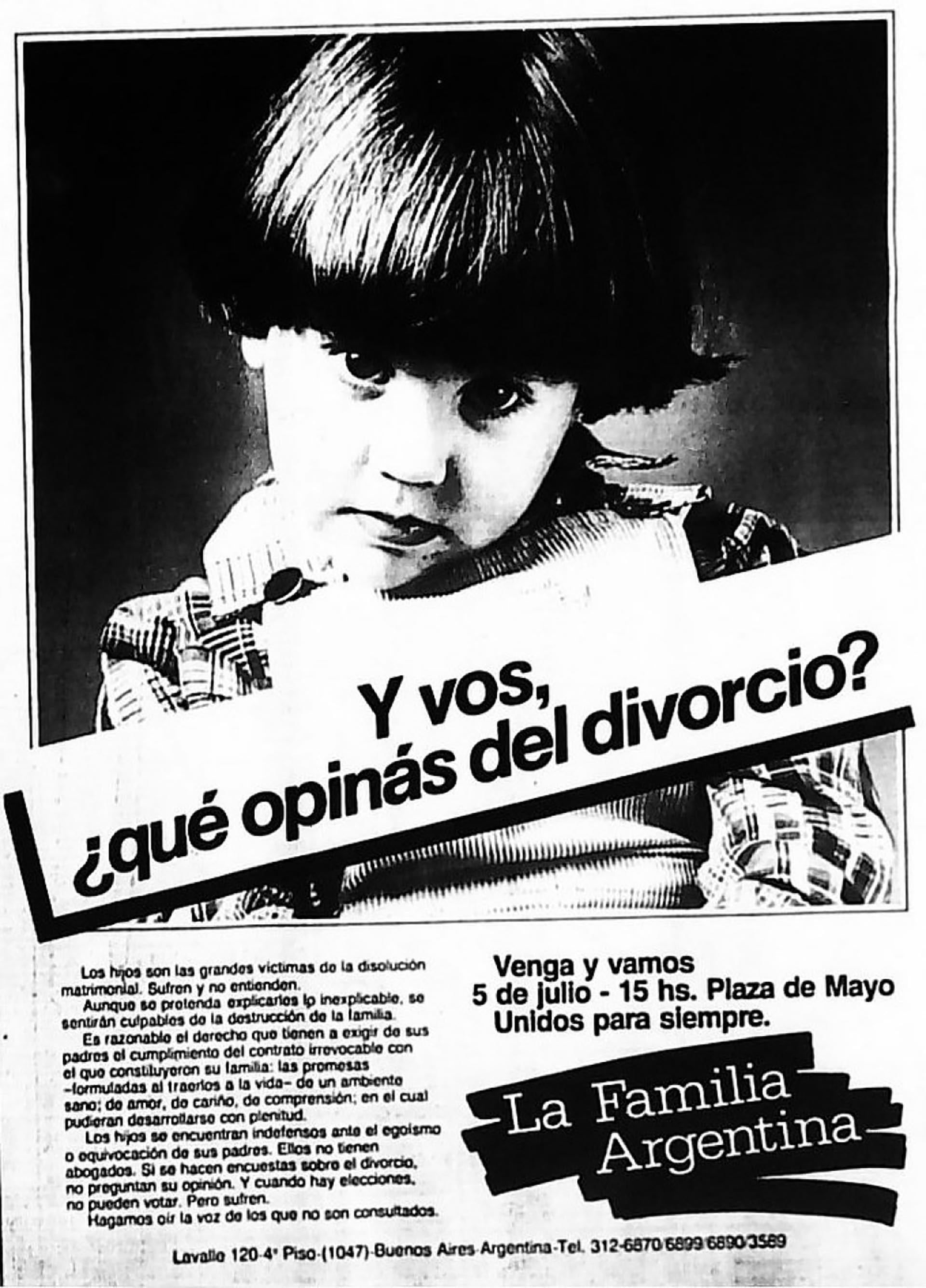 Campaña de la Iglesia Católica y sus aliados en contra de la Ley de Divorcio. Convocatoria a Plaza de Mayo