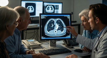 Un médico señala nódulos en una tomografía computada de pulmones en una pantalla, mientras dos adultos mayores observan atentamente en un consultorio.