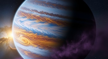 Un planeta gaseoso con bandas de nubes azules, naranjas y blancas, iluminado por una estrella a la izquierda, con un fondo de nebulosas y estrellas.