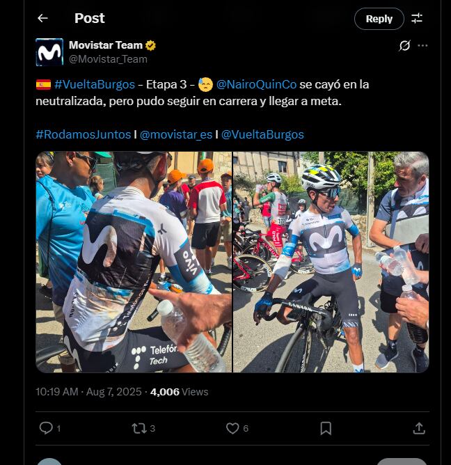 El colombiano sufrió una fuerte caída en el remate final de la etapa 3 de la Vuelta a Burgos, y así lo reportó su equipo - crédito @Movistar_Team / X