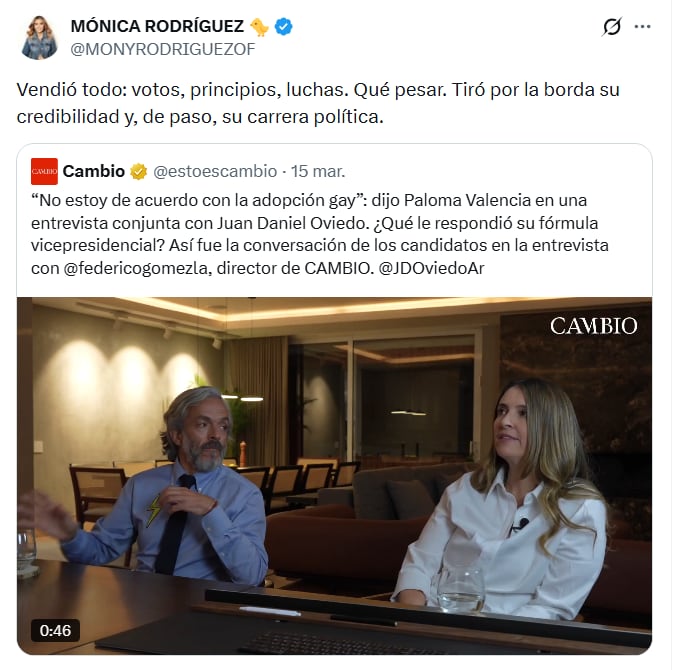 Mónica Rodríguez asegura que Juan Daniel Oviedo tiró por la borda su carrera política - crédito @MONYRODRIGUEZOF/X