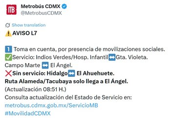 Avance en tiempo real de las diversas líneas de la red de transporte público capitalino.