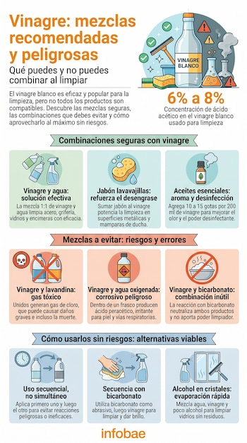 Infografía sobre el vinagre blanco, mostrando combinaciones seguras con agua, jabón y aceites esenciales, y mezclas peligrosas con lavandina y agua oxigenada.