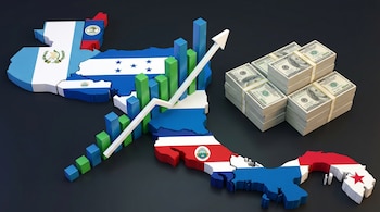Mapa 3D de Centroamérica con banderas nacionales, superpuesto con un gráfico de barras ascendente y una flecha, junto a tres pilas de billetes de 100 dólares.