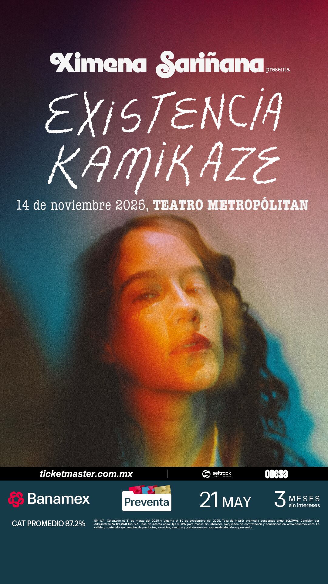 La preventa de boletos para el concierto iniciará el 21 de mayo a las 11:00 a.m. por Banamex (Ocesa)