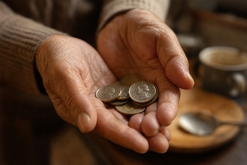 Dos manos arrugadas sostienen monedas de dólar estadounidense cerca de una taza y una cuchara desenfocadas.