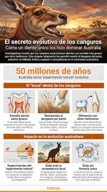 Infografía que muestra la cabeza de un canguro y diversos diagramas explicativos sobre la evolución de sus dientes y su éxito en Australia.