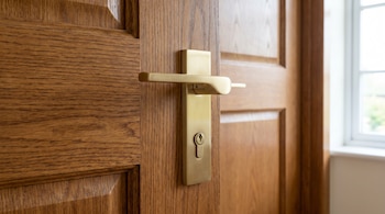 Primer plano de una puerta de madera con veta de color marrón claro, mostrando una manija y cerradura doradas y un ojo de cerradura. Una ventana con luz natural al fondo.