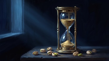 Un reloj de arena de bronce y cristal sobre una mesa de madera junto a varios pistachos abiertos bajo una luz azul lateral.