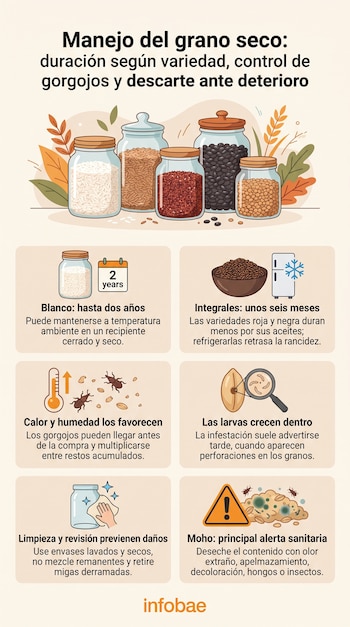 Infografía con frascos de granos, un termómetro, insectos, un grano visto con lupa, un frasco en proceso de limpieza y un símbolo de advertencia.