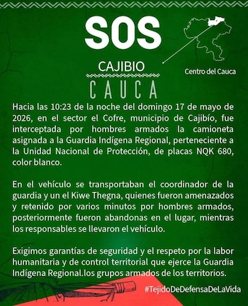 El Consejo Regional Indígena del Cauca denunció el robo de una camioneta oficial en el municipio de Cajibío - crédito X