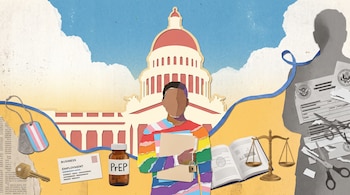 Collage con la cúpula del Capitolio de California, una silueta humana con franjas de colores, un frasco de medicamentos y una balanza.