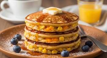 Pila de cinco pancakes con granos de maíz y queso derretido, cubiertos con sirope, un trozo de mantequilla, arándanos, azúcar glas, tenedor, taza de café y vaso de zumo.